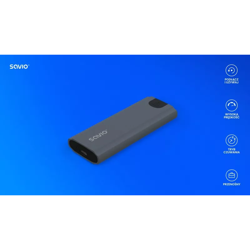 M.2 SSD korpuss SAVIO AK-67 pelēks, USB 10 Gbit/s, atbalsta vienu M.2 disku