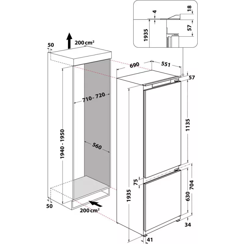 WHIRLPOOL Iebūvējamais ledusskapis WH SP70 T121, Platums 69 cm, Augstums 193,5 cm, Energoefektivitātes klase E, No Frost