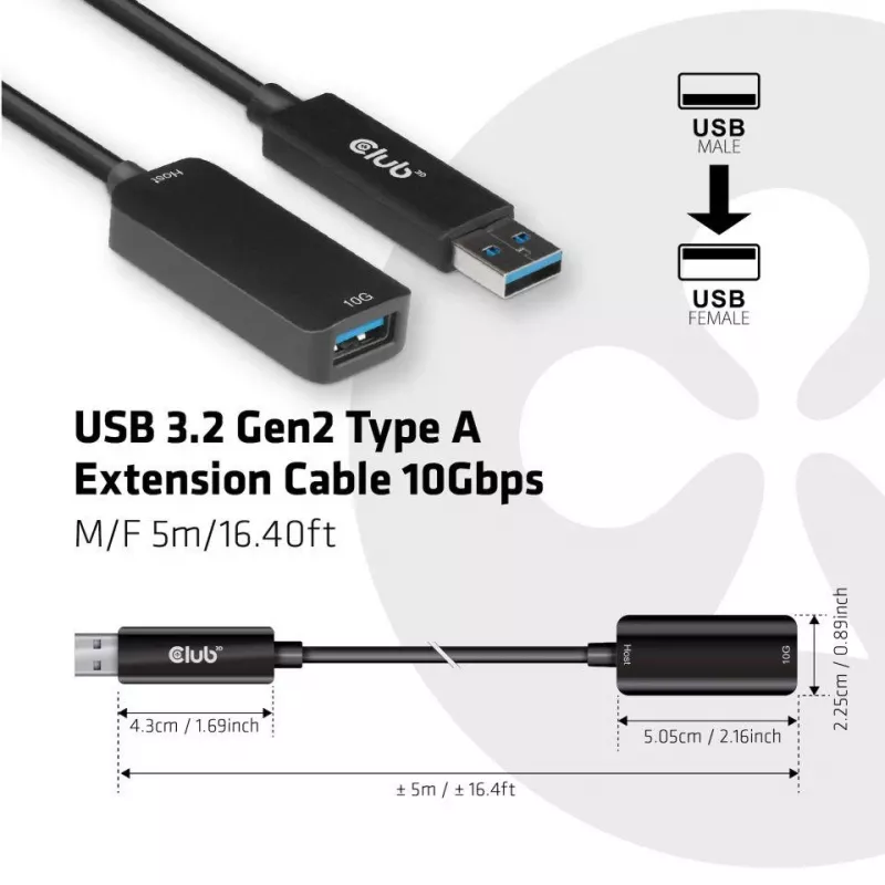 CLUB3D USB 3.2 Gen2 A tipa pagarinātāja vads 10 Gbps M/F 5 m/16,40 pēdas