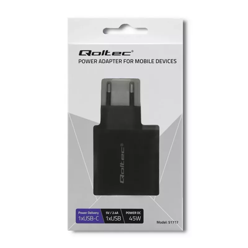 Strāvas adapteris QOLTEC 51717 45W 20V 3A maiņstrāvas iekštelpu lādētājs viedpulkstenim, melns
