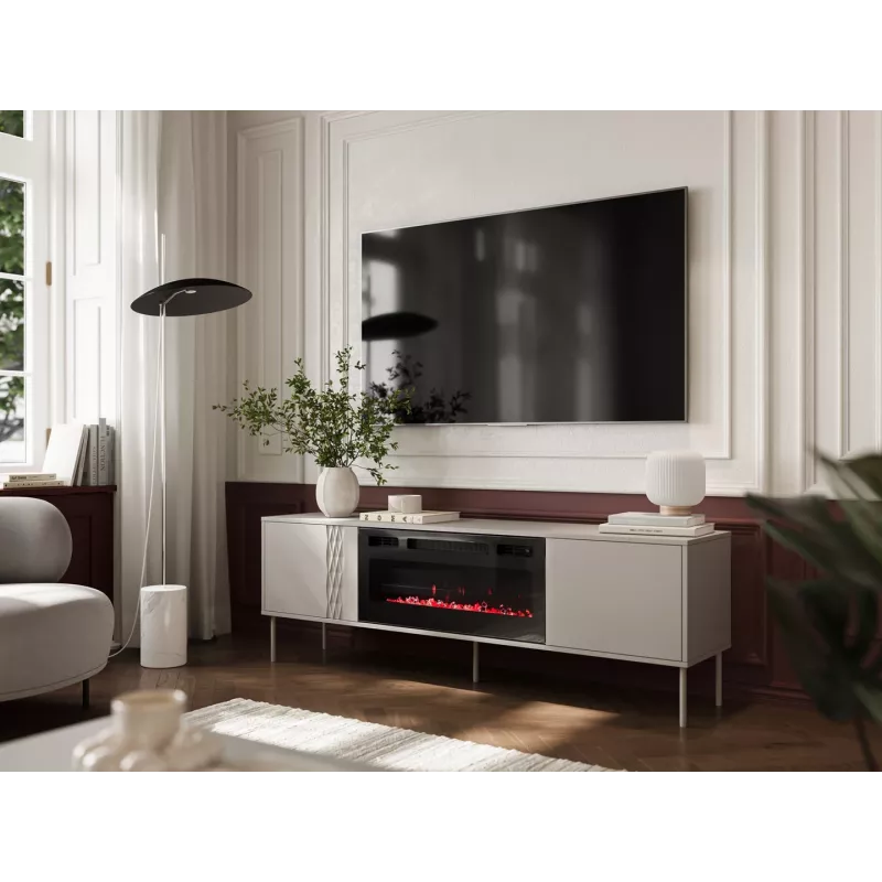 TV skapis ar kamīnu Cama Meble TRESSE 180x40x54,5 cm — melns rāmis, kašmira matēta virsma