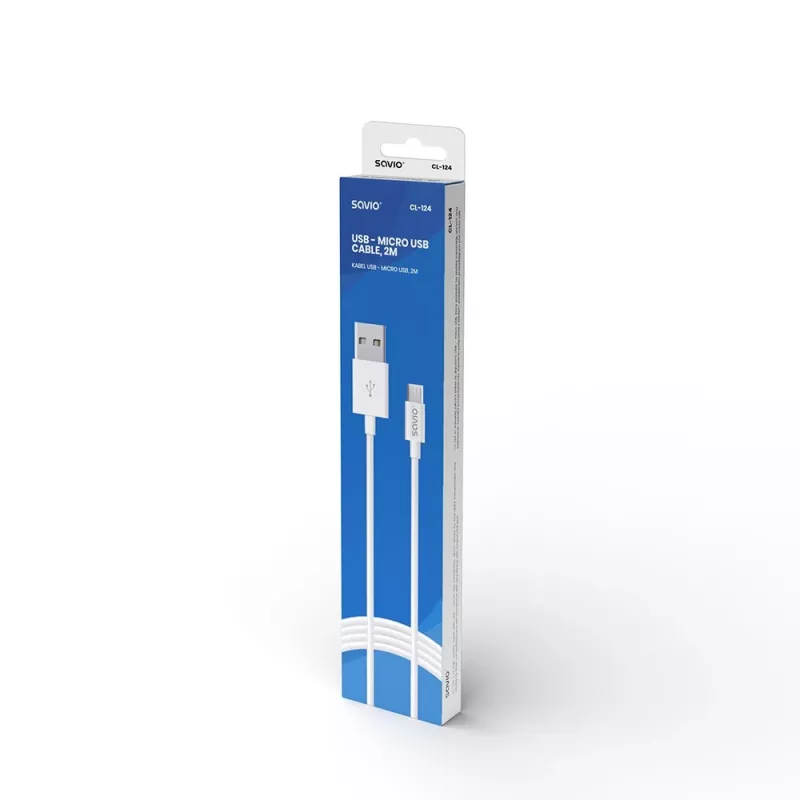 USB kabelis SAVIO CL-124 USB 2.0, USB A uz Micro-USB B, 2 m, balts