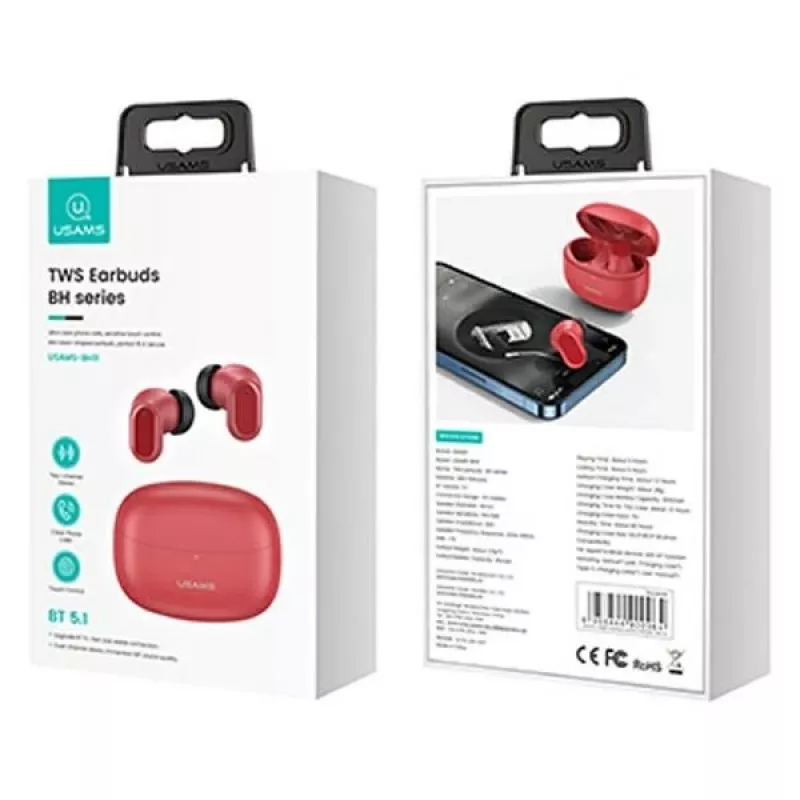 Bezvadu TWS austiņas usams BH sērijas BHUBH03 Bluetooth 5.1, sarkanas — iebāžamās, uzlādes futrālis
