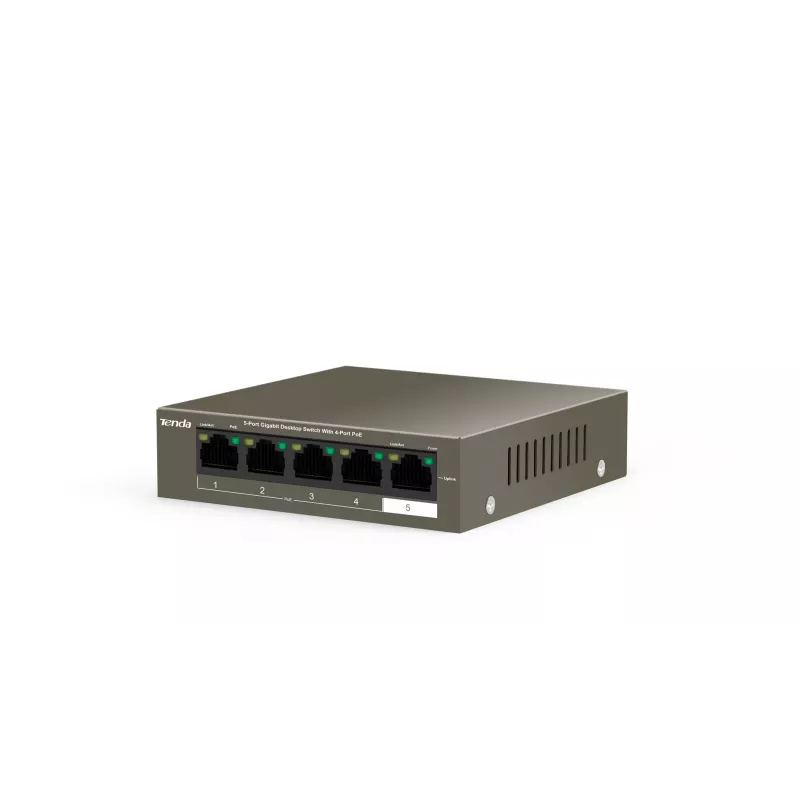 TENDA TEG1105P-4-63W-EU tīkla komutators, 5x Gigabit RJ-45, 4x PoE (57,8 W kopā), 10 Gbit/s komutācija