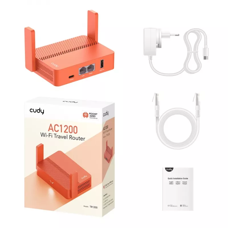 Pārnēsājamais maršrutētājs Cudy AC1200 (TR1200) — Oranžs, maiņstrāvas barošana, 1x RJ-45 LAN/WAN, USB 2.0