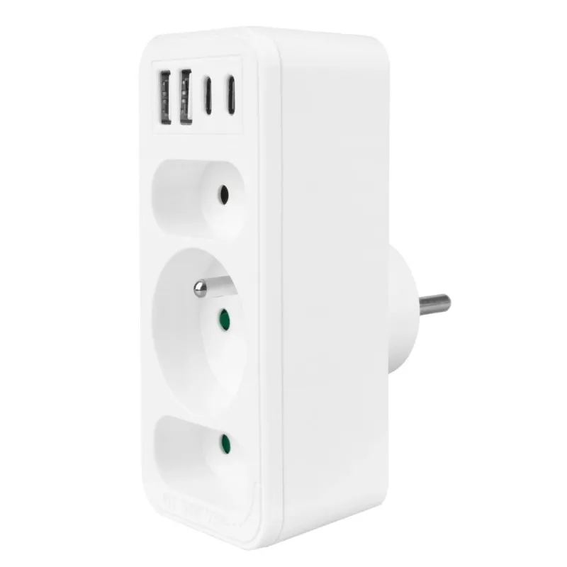 Strāvas sadalītājs MACLEAN MCE248 F/W — 3 maiņstrāvas kontaktligzdas (1×16A, 2×6A) + 4×USB (2×A, 2×C PD 20W), ES kontaktdakša, balts