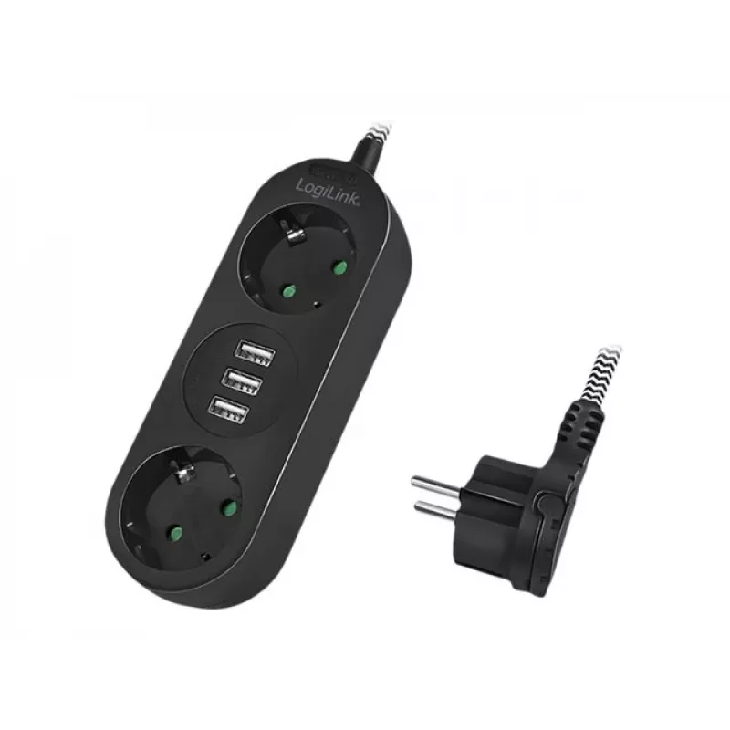 Power Extension LogiLink LPS262U 1.5m 2 AC Outlets Indoor Melns