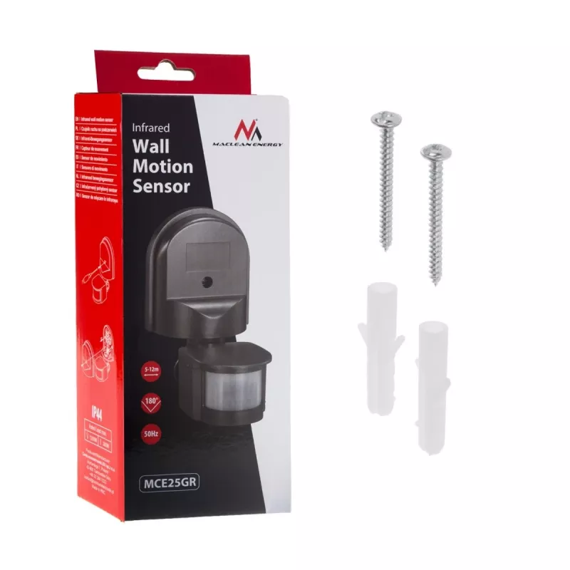 Maclean MCE25 GR sienas kustības un krēslas sensors, 180°, 1200W, pelēks