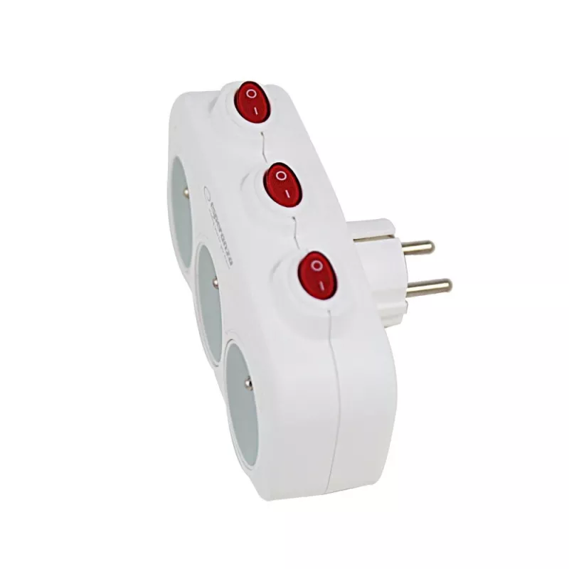 Strāvas sadalītājs ESPERANZA ELK307W — 3 ligzdu slēdzams iekštelpu adapteris, E tipa spraudnis, 220–240 V, 16 A, 3680 W, balts