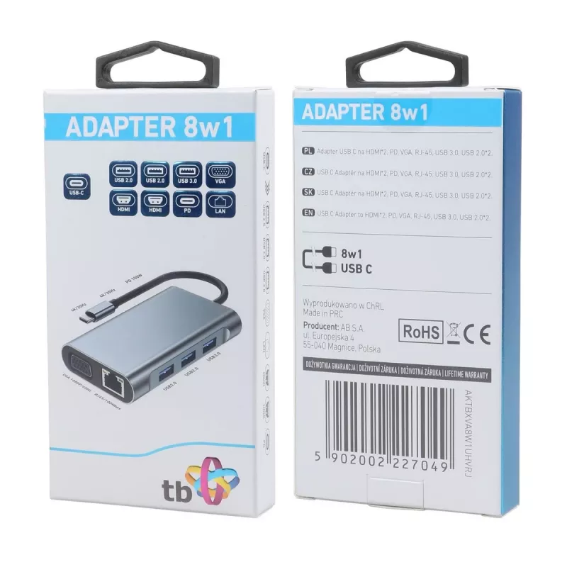 HUB 8-in-1 adapteris USB-C HDMI x2 USB VGA RJ45 PD