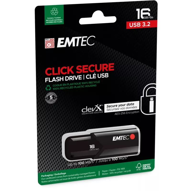 USB zibatmiņa Emtec B120 Click Secure 16 GB USB Type-A 3.2 Gen 2 Melna