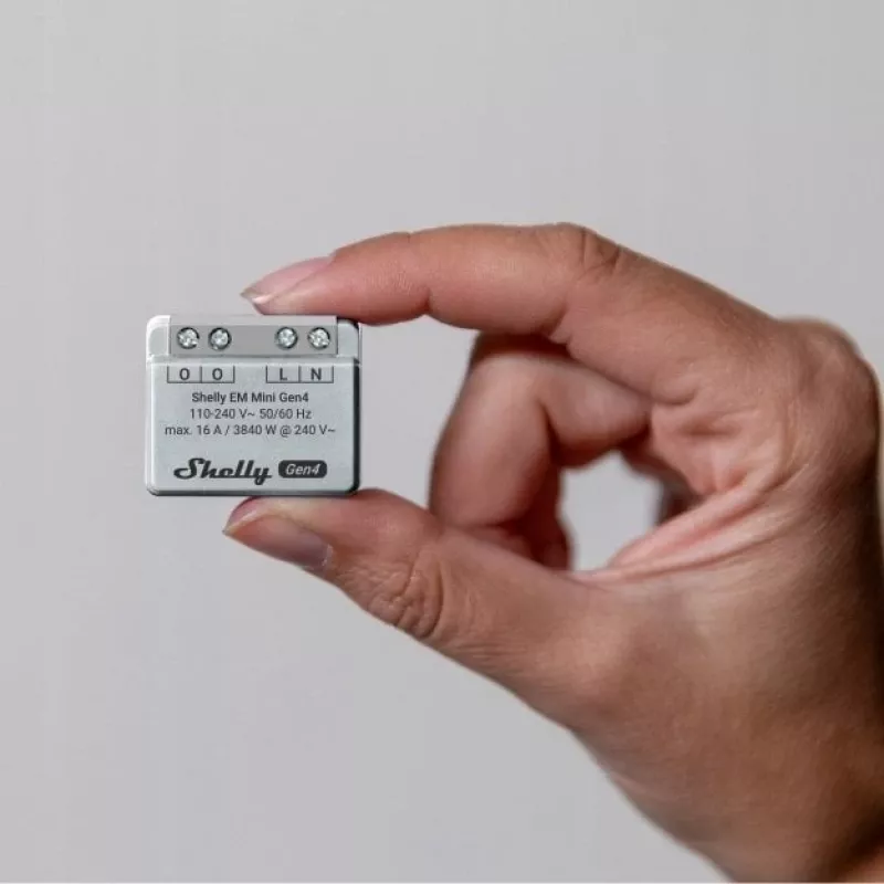 Viedais relejs Shelly Relay EM Mini Gen4 1 kanāla Wi‑Fi Matter Zigbee Bluetooth 8A, 110–240V, enerģijas skaitītājs