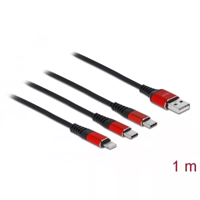 USB uzlādes kabelis DeLOCK 3-in-1 Type-A uz Lightning / 2 x USB Type-C 1 m melns/sarkans
