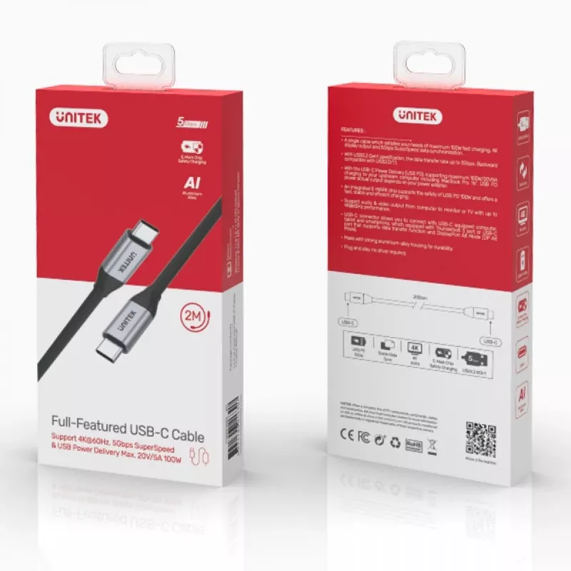 UNITEK C14091ABK USB kabelis USB 3.2 Gen 2 2m USB C Melns