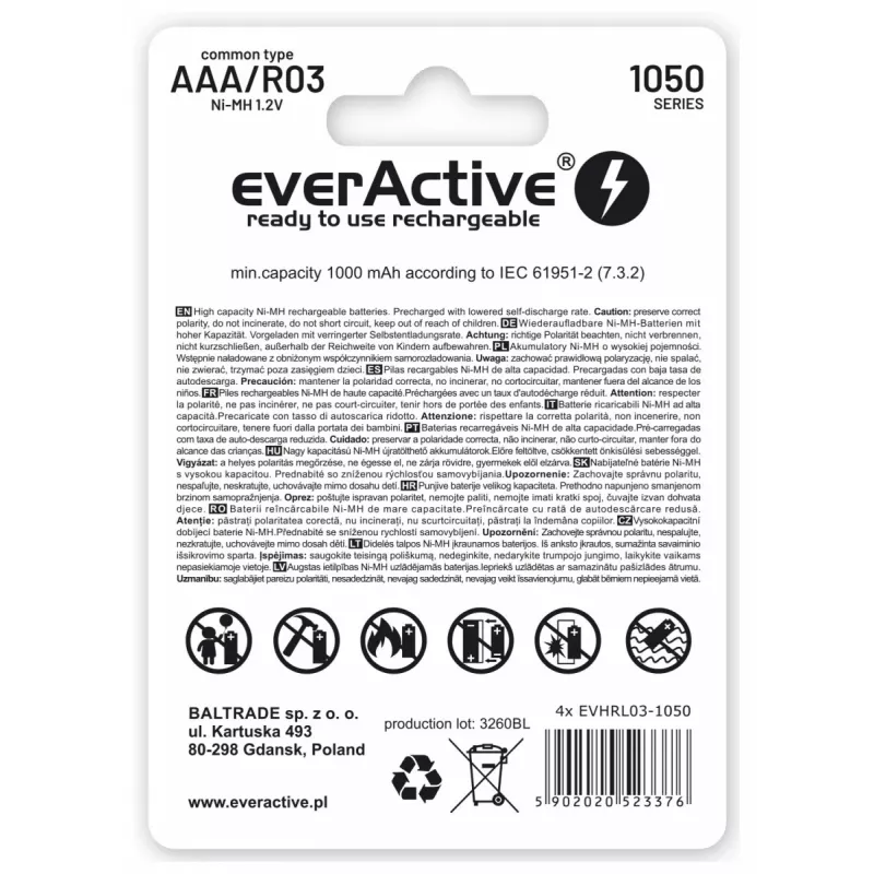 Atkārtoti uzlādējams AAA NiMH akumulatoru komplekts everActive EVHRL03-1050 1.2V — 4 gab., 1050 mAh
