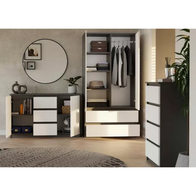 Kumode 2 durvis 3 atvilktnes top e shop M-MP-K-MAL-2D3S-ANTBIA — Antracīta rāmis, Baltas durvis, 1200×750×400 mm