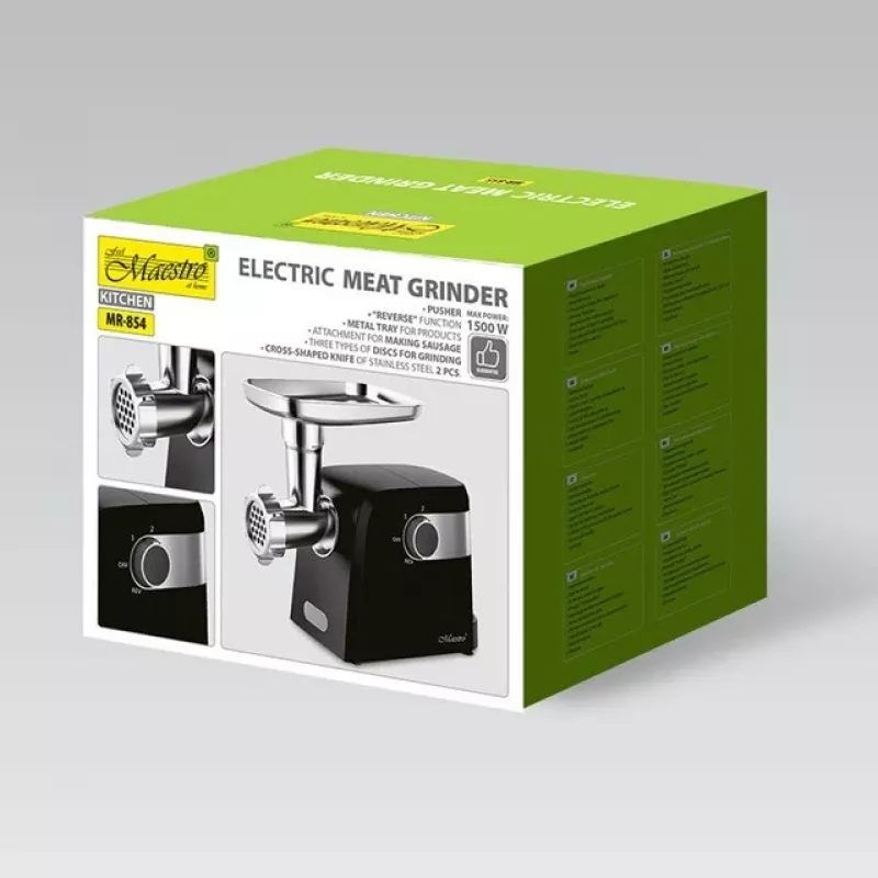 Elektriskā gaļas maļamā mašīna Maestro MR-854, 1500 W, 2 ātrumi, 3 sieti, desu uzgalis, melna