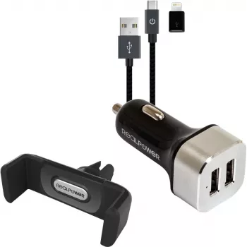 Auto lādētājs RealPower 168182 viedtālrunim, melns, sudrabains