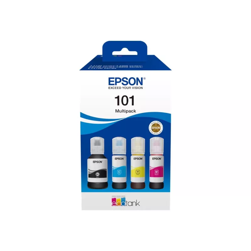 Oriģināls Epson EcoTank tintes pudeļu 4 krāsu komplekts — Melna 127 ml, Ciāna/Fuksīna/Dzeltena 210 ml (C13T03V64A)
