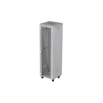 19 collu 42U LANBERG stāvošs statņu skapis 600×600 mm pelēks ar stikla durvīm un LCD (plakanā iepakojumā)
