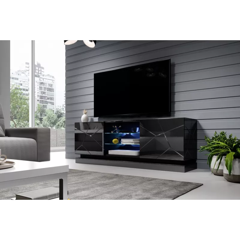 TV statīvs cama meble QIU 160 — MDF melns spīdīgs, 1600×420×570 mm