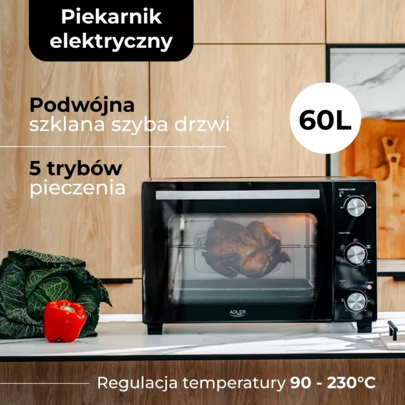 Elektriskā cepeškrāsns Adler AD 6028 — 60 L, 2000 W, brīvi stāvoša, rotējošās vadības ierīces, rotisserie, max 230°C, melna