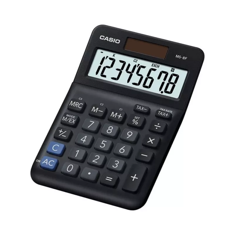 Galda pamata kalkulators CASIO MS-8F – 8 ciparu, baterija/saules, 26 taustiņi, valūtas un nodokļu funkcijas, peļņas aprēķins, melns