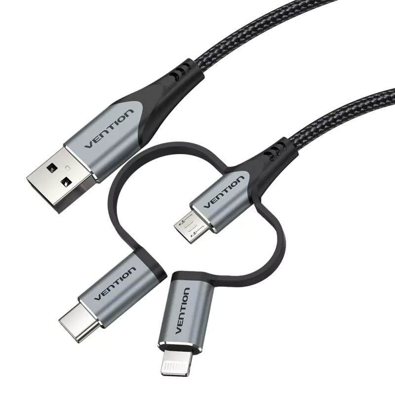 Vention USB 2.0 A vīr. uz 3-in-1 Micro-B&USB-C&Lightning vīr. kabelis 1M pelēks alumīnija sakausējuma tips