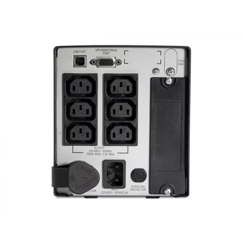 APC Smart UPS 750VA 230V USB ar UL apstiprinājumu, 0,75 kVA, 500 W, 50/60 Hz, 340 J, IEC 60320, 4,8 min