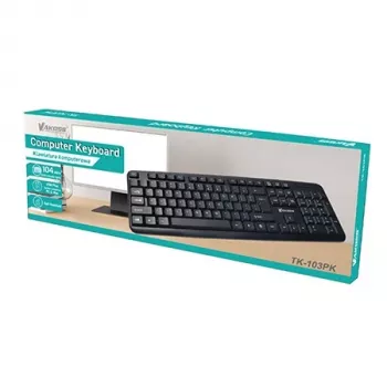 Vadu pilnizmēra tastatūra VAKOSS TK-103PK — USB, 104 taustiņi, ciparu tastatūra, melna, 1,4 m kabelis