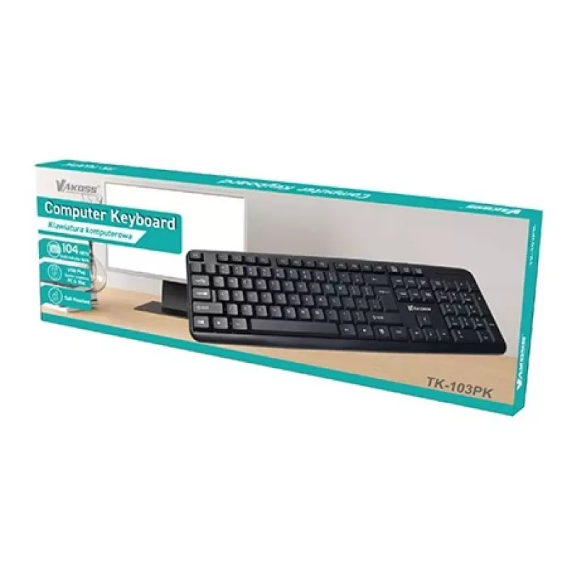 Vadu pilnizmēra tastatūra VAKOSS TK-103PK — USB, 104 taustiņi, ciparu tastatūra, melna, 1,4 m kabelis