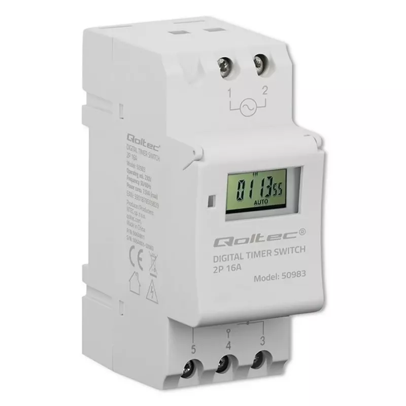 DIN-sliedes elektroniskais taimera slēdzis QOLTEC 50983, darbināms ar baterijām, automatizācijas shēmām