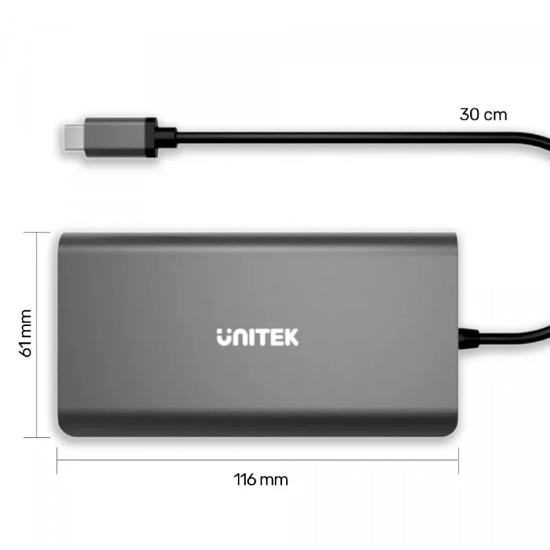 UNITEK uHUB O8+ Vadu USB 3.2 Gen 1 Type-C pelēks 100W Power Delivery