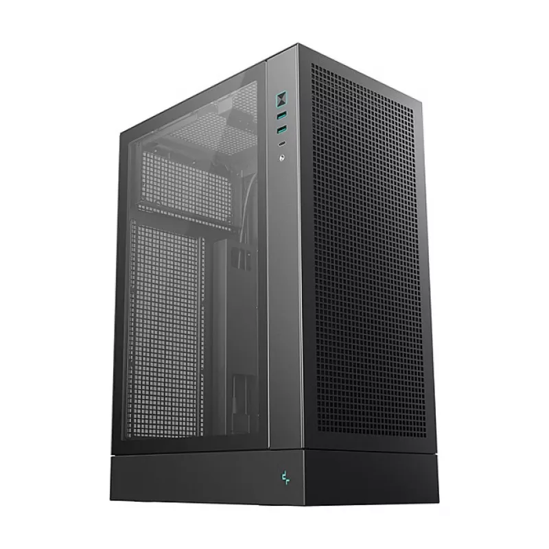 DeepCool CH170 PLUS Tower Melns — micro-ATX/mini-ITX korpusa korpuss, rūdīta stikla logs, USB-C, augšējais barošanas bloka novietojums