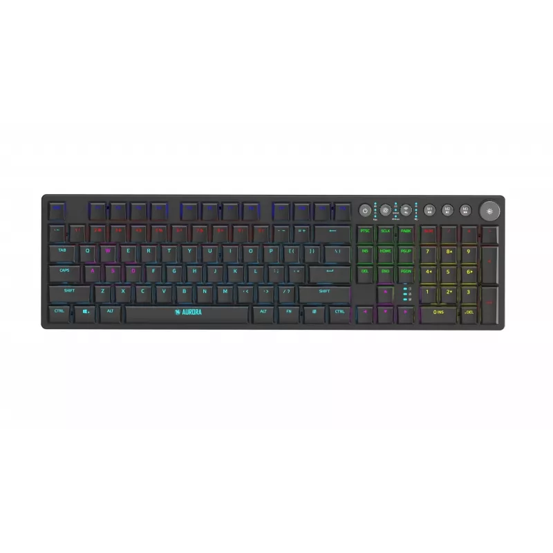 Klaviatūra IBOX AURORA K-6 — pilna izmēra QWERTY, RF bezvadu + Bluetooth, RGB apgaismojums, mehāniski zema profila taustiņi, melna
