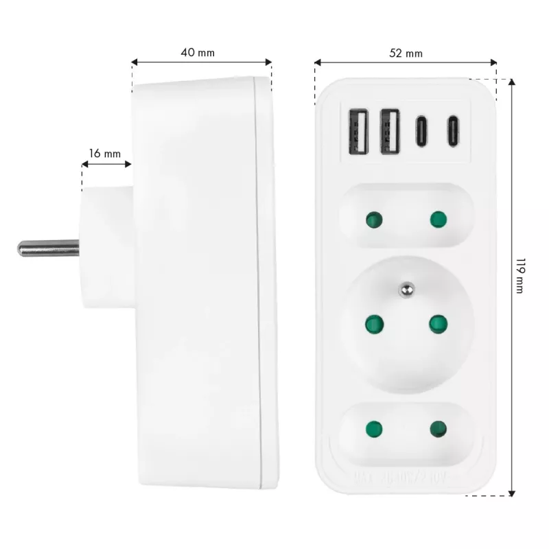 Strāvas sadalītājs MACLEAN MCE248 F/W — 3 maiņstrāvas kontaktligzdas (1×16A, 2×6A) + 4×USB (2×A, 2×C PD 20W), ES kontaktdakša, balts
