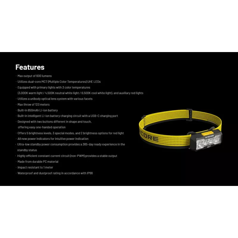Nitecore NU27 lukturis Melns, Dzeltena galvas lente LED