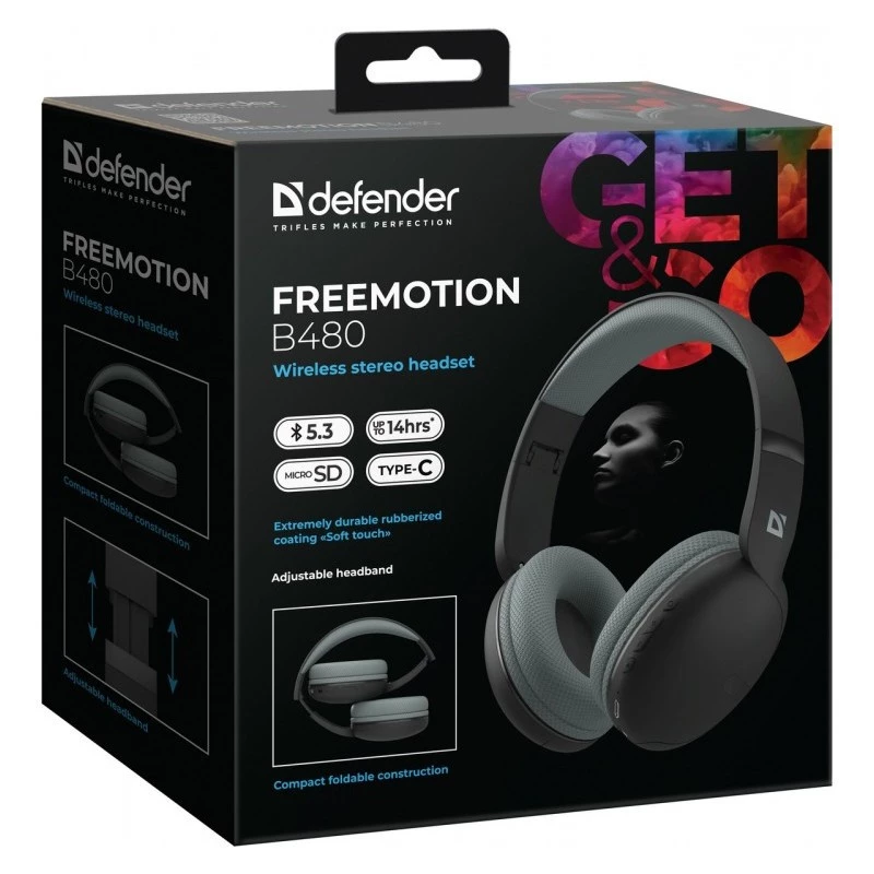 Bezvadu austiņas DEFENDER Freemotion B480 — apkārtauss, slēgtas, Bluetooth, 20–20000 Hz, 99 dB, USB-C, AUX