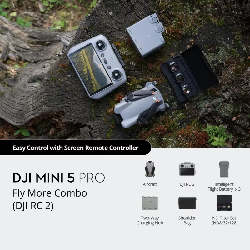 DJI MINI 5 PRO Fly More Combo (RC2) viegls 249g drons ar 50MP sensoru, Lidar, 3x baterijām, tālvadības pults ar ekrānu