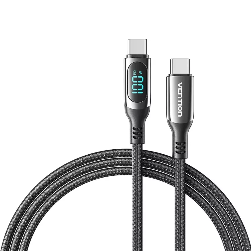 Vention kokvilnas pīts USB 2.0 C tēviņš–C tēviņš 5A kabelis ar LED displeju 1,2 m, melns, cinka sakausējuma tips