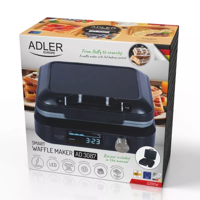 Vafeļu cepējs Adler AD 3087 — elektriskais Beļģu vafeļu dzelzs, 2200 W, 2 taisnstūrveida plāksnes 9×17 cm, melns