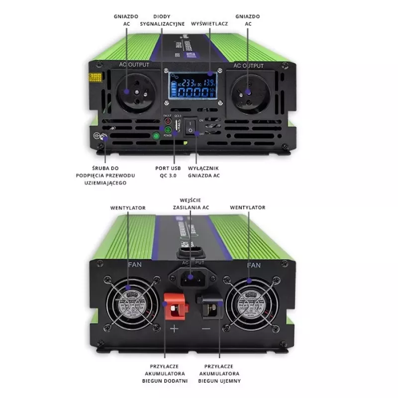 Qoltec Monolith sprieguma pārveidotājs | Akumulatora uzlāde | UPS | 2000W | 4000W | 12V uz 230V | Tīrs sinusoidāls | LCD melns-zaļš