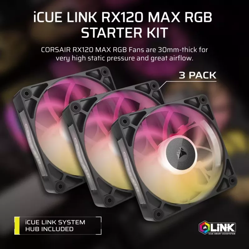 Corsair iCUE LINK RX120 MAX ARGB 120mm korpusa ventilatori 3 gab. komplekts Melns