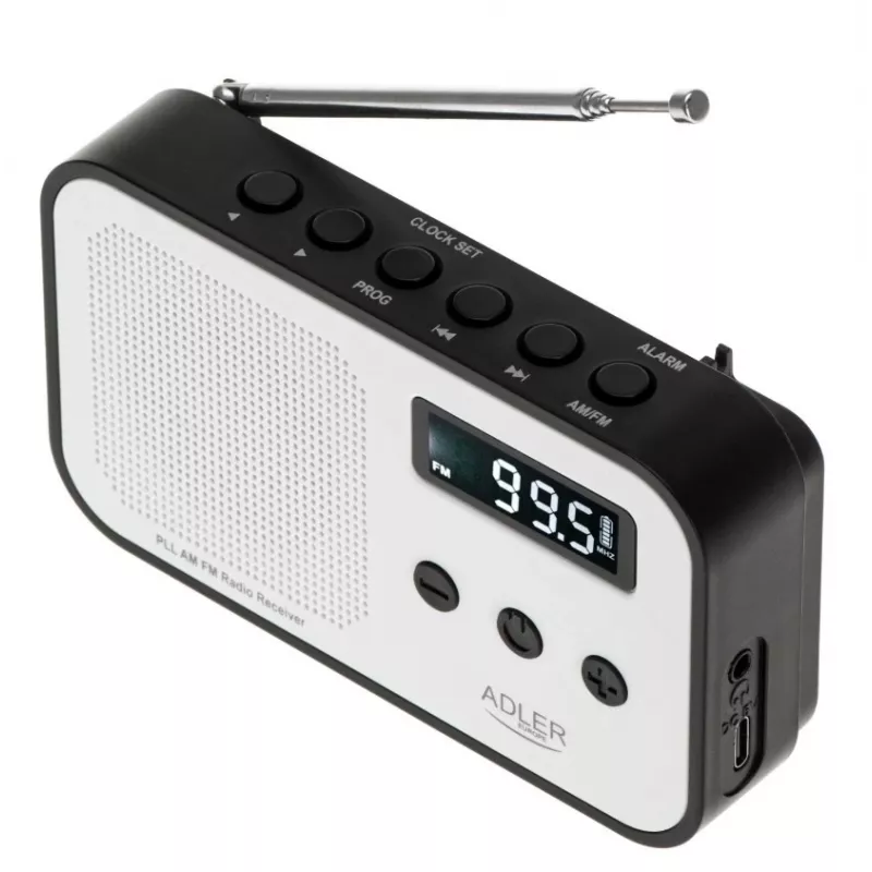 Pārnēsājamais ciparu radio Adler AD 1907 — AM/FM, ciparu uztvērējs, modinātājs, USB-C, 600 mAh baterija, LCD, 20 atmiņas vietas, teleskopiskā antena