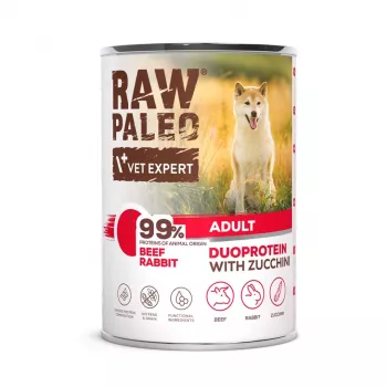 Mitrā suņu barība VETEXPERT RAW PALEO Duoprotein liellopu gaļa & trusis pieaugušiem suņiem 400 g, bez graudiem, 82,1% mitrums