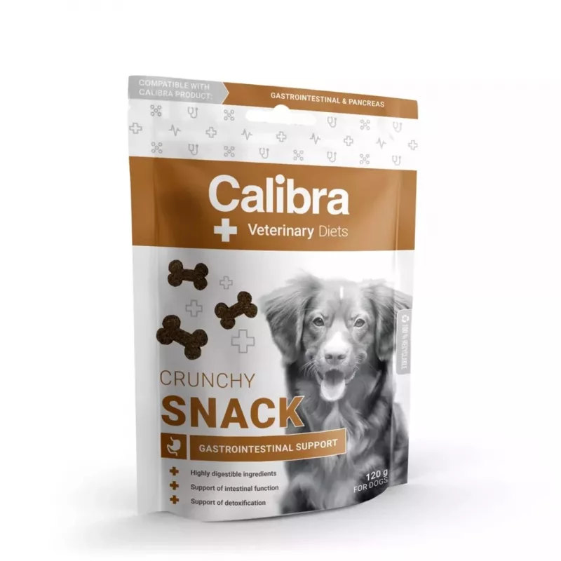 Suņu kārums Calibra Veterinary Diets Crunchy Snack Gastrointestinal 120 g — funkcionāls, bezgraudu, zivju garša