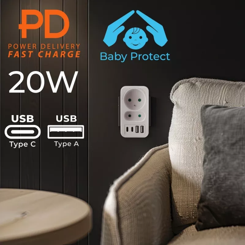 Strāvas sadalītājs MACLEAN MCE249 F/W — 2x elektrotīkla rozetes (16A + 6A) un 4x USB (2x A, 2x C PD 20W)