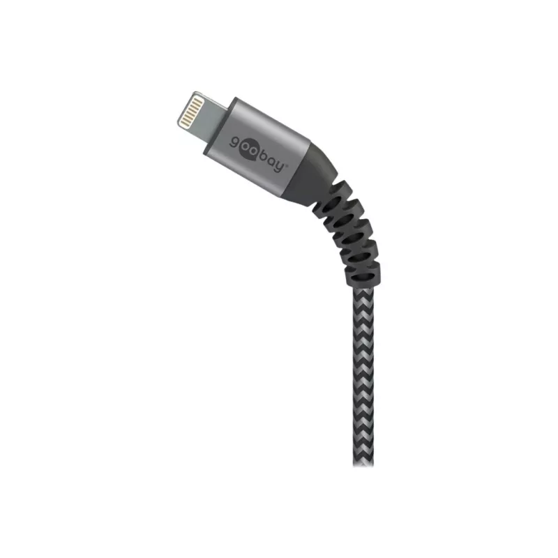 USB-A uz Lightning kabelis GOOBAY 2 m, tekstila apvalks, 3,3 mm diametrs, pelēks kosmosa/sudraba