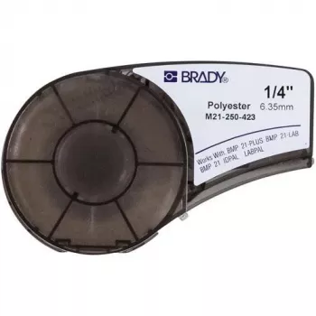 Uzlīmju lente Brady M21-250-423, termiskās pārneses poliesteris, melns uz balta, 6,35 mm x 6,4 m
