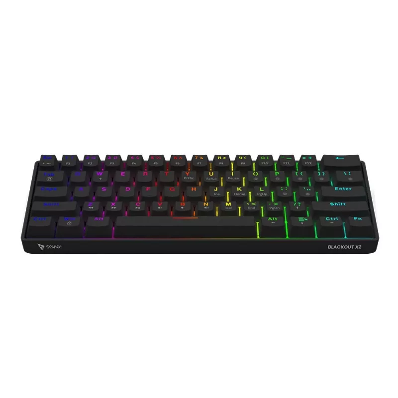 Mehāniskā spēļu tastatūra SAVIO MelnsOUT X2 PEACH — 61 taustiņu 60% QWERTY, RGB LED, hot-swap, USB Type-A/Type-C, noņemams kabelis